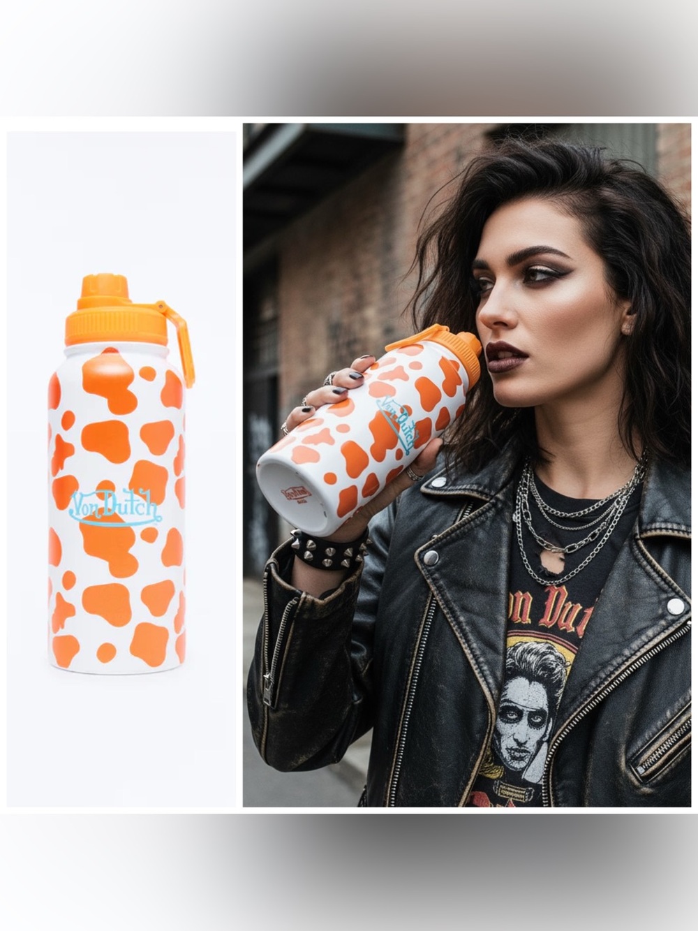 •On the MOOOO-VE• Von Dutch 32oz Stainless Steel Water Bottle Cow Print Orange